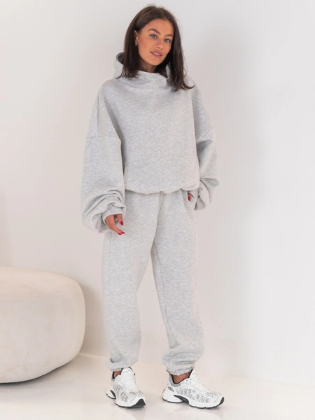 Dresowe bawełniane SPODNIE z wysokim stanem luźny krój ze ściągaczami szary melanż E341