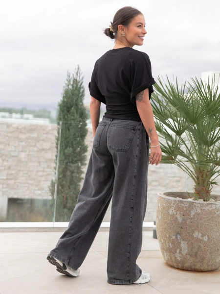 Wiskozowa BLUZKA kimono z marszczeniem po bokach z krótkim rękawem czarna X501