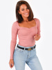 BAWEŁNIANA BLUZKA MARSZCZONY DEKOLT Z PRĄŻKA brudny róż B151 k01