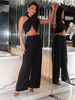 Elegancki brokatowy KOMPLET top halter i szerokie spodnie czarny E653 k01