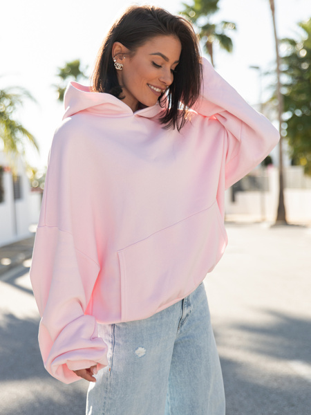 Viralowa Dresowa bawełniana BLUZA z kapturem oversize szeroka baby pink E644