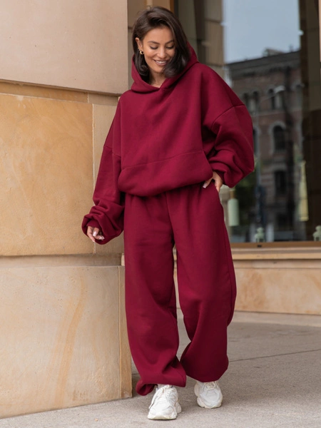 Dresowe bawełniane SPODNIE baggy bordowe E643