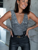 Cekinowy top bluzka z dekoltem srebrny c816 k01