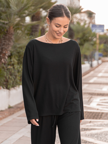 Luźna komfortowa BLUZKA z długim rękawem z prążkowanej dzianiny wiskoza i bawełna czarna X506