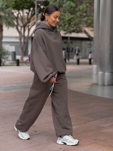 Dresowe bawełniane SPODNIE baggy niski stan dark mokka X403