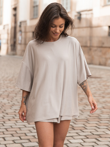 Wiscozowy KOMPLET luźny oversizowy t-shirt i krótkie spodenki z gumką w pasie stone X172 k01