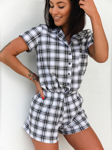 PIŻAMA komplet do spania luźna koszulka na guziki i spodenki biała w kratę P32