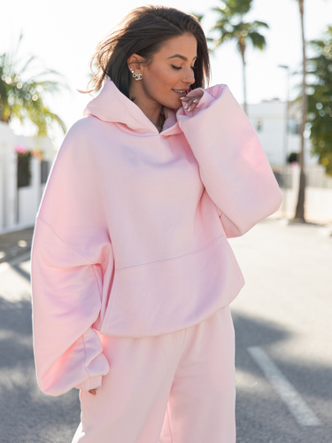 Viralowa Dresowa bawełniana BLUZA z kapturem oversize szeroka baby pink E644