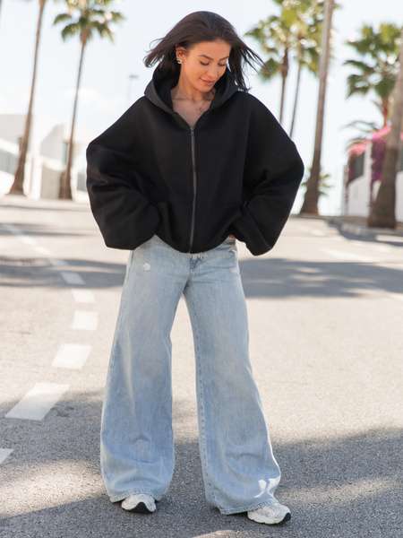 Oversizowa BLUZA z kapturem zapinana na zamek bluzowana kangurka z bawełnianej dresówki czarna X1