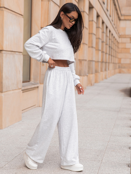 Dresowy bawełniany KOMPLET oversizowa bluzka z długim rękawem i luźne spodnie z szerokimi nagawkami szary melanż X303