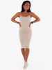 Bawełniana ołówkowa sukienka midi na cienkich ramiączkach z prążka beżowa c310 k01