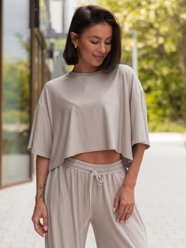 Wiscozowy luźny szeroki T-SHIRT z krótkim rękawem stone X201 k01