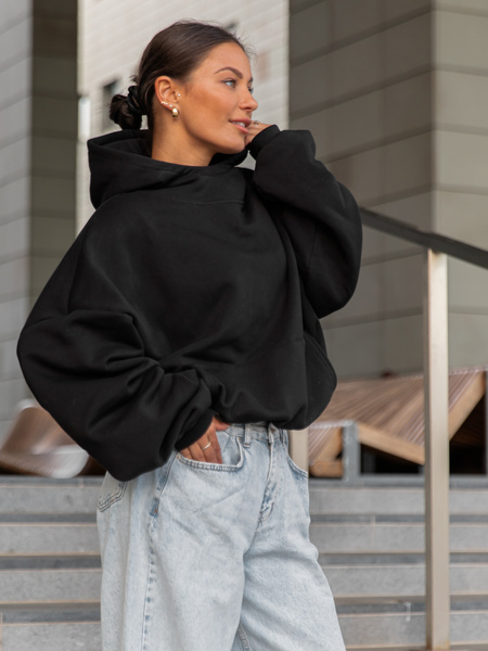 Viralowa Bawełniana BLUZA z drapanego dresu z kapturem na stójce z kieszeniami kangurka czarny E1
