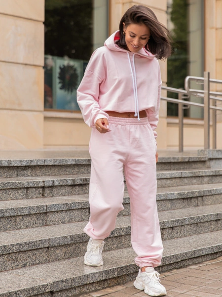 Dresowy bawełniany KOMPLET bluza kangurka z kapturem i spodnie klasyczny krój baby pink X305 k01