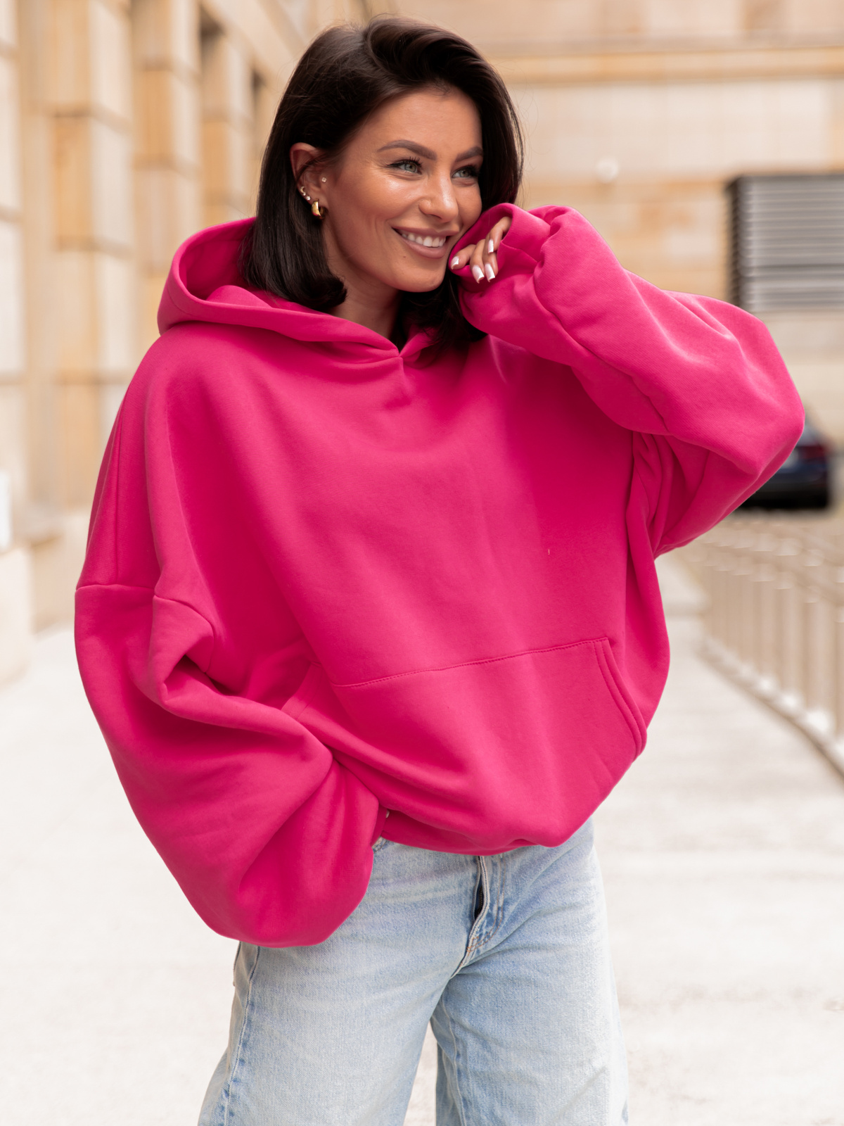 Viralowa Dresowa bawełniana BLUZA z kapturem oversize szeroka różowa E644