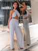 Elegancki brokatowy KOMPLET top halter i szerokie spodnie srebrny E653 k01