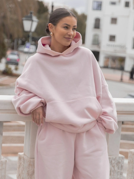 Dresowa bluza z bawełny baggy z kangurką i kapturem baby pink X562