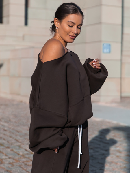 Dresowa bawełniana BLUZA opuszczana na ramiona oversize szeroka dark chocolate X400