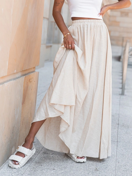 Lniana maxi SPÓDNICA beżowa X252 k01