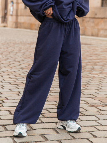 Luźne SPODNIE baggy z bawełnianej dresówki niedrapanej od wewnątrz navy blue X151