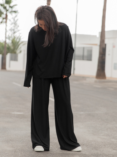 Luźny codzienny KOMPLET z wiscozy oversizowy t-shirt i luźne spodnie czarny X475