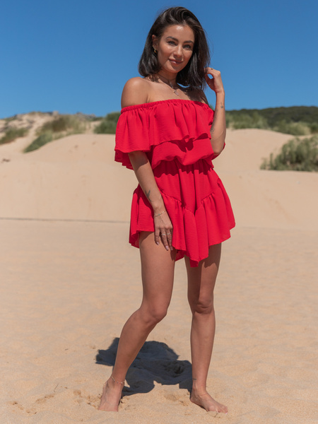 Zwiewna SUKIENKA z wszytymi spodenkami KOMBINEZON w stylu hiszpańskim czerwona X108 k01
