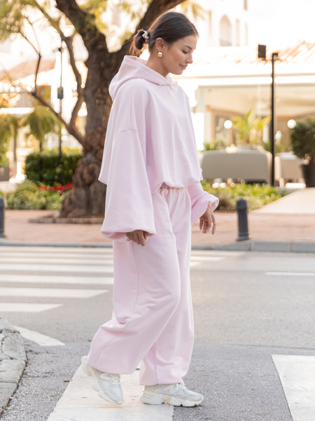 Bawełniane dresowe SPODNIE oversize baggy ze ściągaczami z dresówki pętelkowej baby pink X516