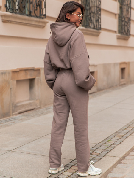 Dresowe bawełniane SPODNIE z wysokim stanem luźny krój coffee E359 k01