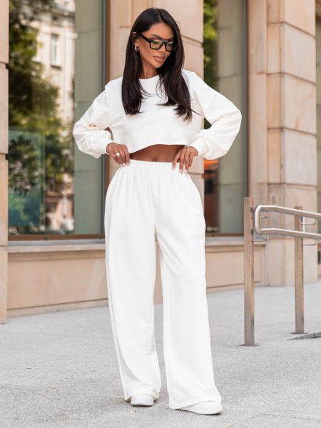 Dresowy bawełniany KOMPLET oversizowa bluzka z długim rękawem i luźne spodnie z szerokimi nagawkami ecru X303 k01