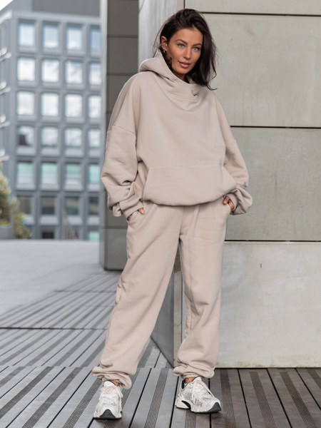 Viralowa Bawełniana BLUZA z drapanego dresu z kapturem na stójce z kieszeniami kangurka stone E1