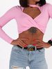 Bawełniana krótka bluzka top z prążka przeplatany dekolt różowa C119 k01