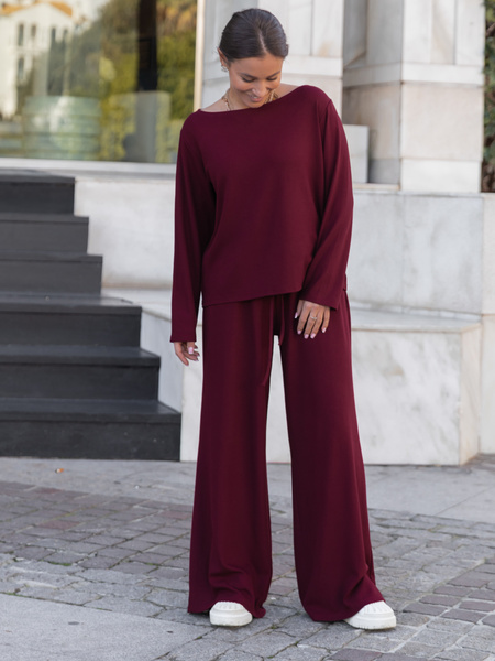 Luźna komfortowa BLUZKA z długim rękawem z prążkowanej dzianiny wiskoza i bawełna bordowa X506