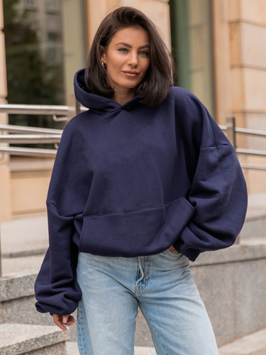 Viralowa Dresowa bawełniana BLUZA z kapturem oversize szeroka navy blue E644