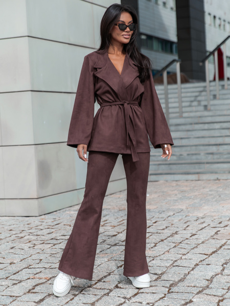 Oversizowa zamszowa MARYNARKA o szerokim kroju z paskiem brązowa X409