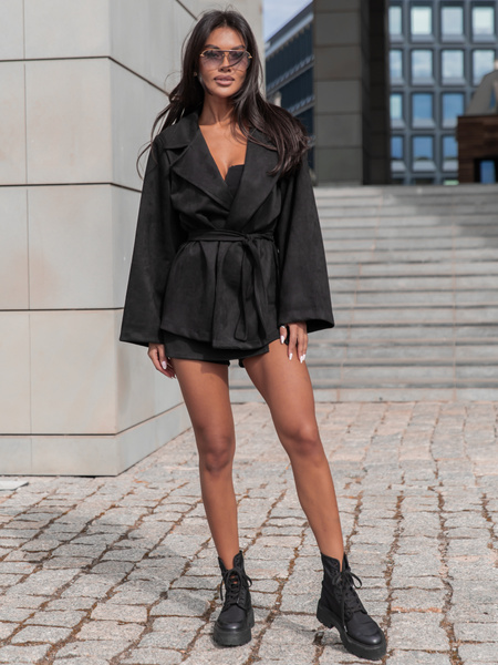 Oversizowa zamszowa MARYNARKA o szerokim kroju z paskiem czarna X409