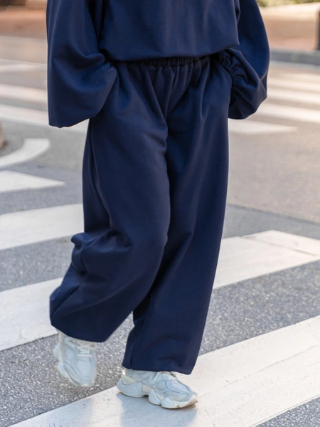 Bawełniane dresowe SPODNIE oversize baggy ze ściągaczami z dresówki pętelkowej navy blue X516