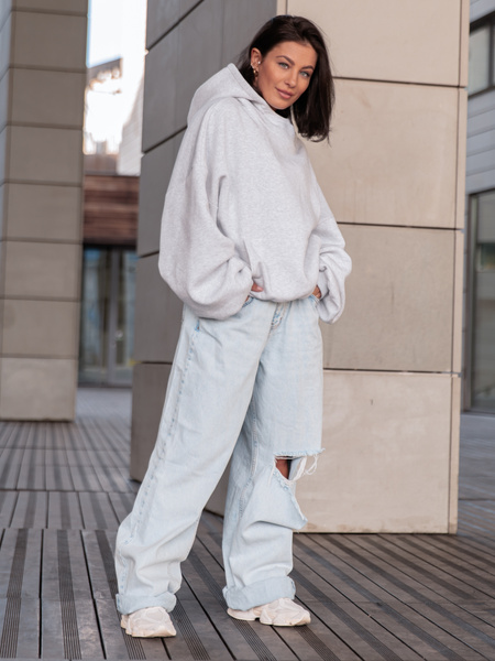 Viralowa Bawełniana BLUZA z drapanego dresu z kapturem na stójce z kieszeniami kangurka szary melanż E1