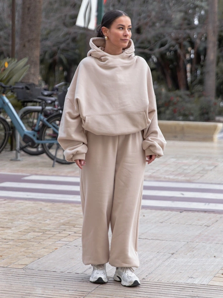 Oversizowy KOMPLET z drapanego bawełnianego dresu bluza z kapturem na stójce kangurka i spodnie szerokie baggy beżowy E1 + E643