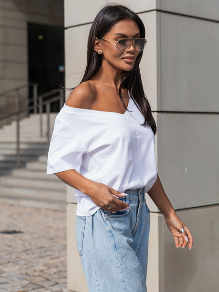 Bawełniany T-SHIRT bluzka z krótkim rękawem z dekoltem V biała X404