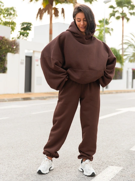 Dresowe bawełniane SPODNIE  ze ściągaczami brązowe X32