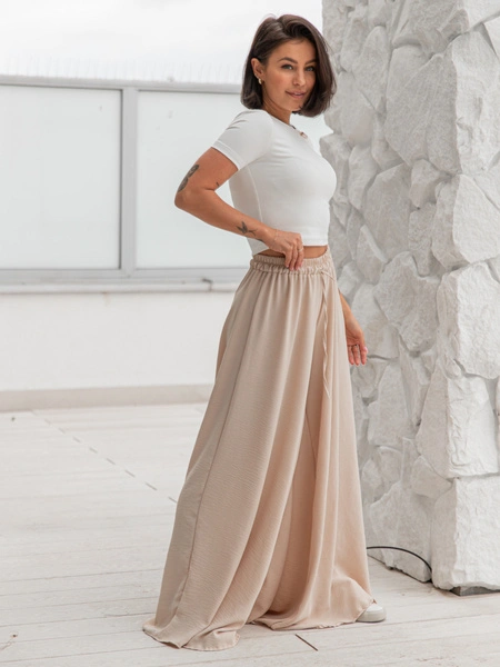 Maxi SPÓDNICA SPODNIE szeroka ze zwiewnej tkaniny strukturalnej beżowa X62 k01
