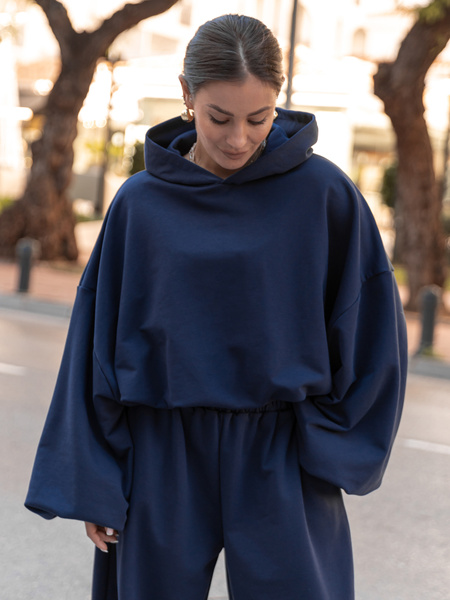 Bawełniana dresowa BLUZA z kapturem oversize z szerokimi rękawami z dresu pętelkowego navy blue X515