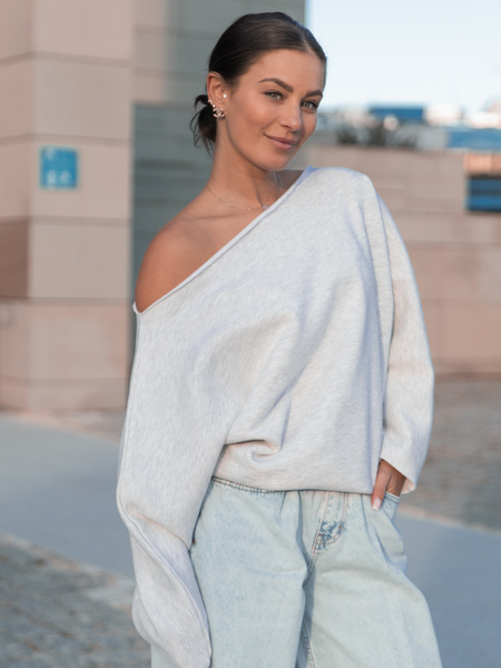 Dresowa bawełniana BLUZA opuszczana na ramiona oversize szeroka szary melanż X413