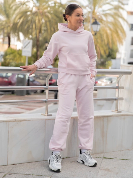 Dresowy bawełniany KOMPLET bluza z kapturem kangurka i spodnie baby pink X550
