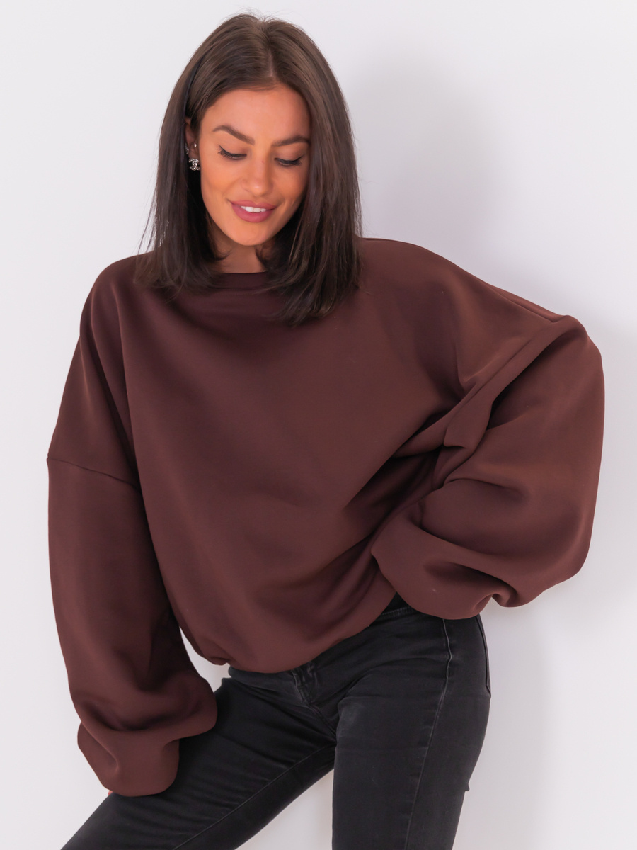 Bawełniana dresowa oversizowa BLUZA bez kaptura brązowa E528 k01