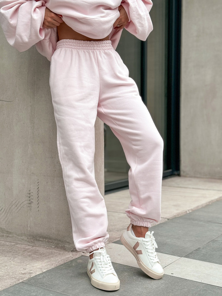 Dresowe bawełniane SPODNIE z wysokim stanem luźny krój ze ściągaczami baby pink E341