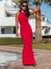 Maxi SUKIENKA z dekoltem halter i wycięciem na nogę czerwona X175 k01