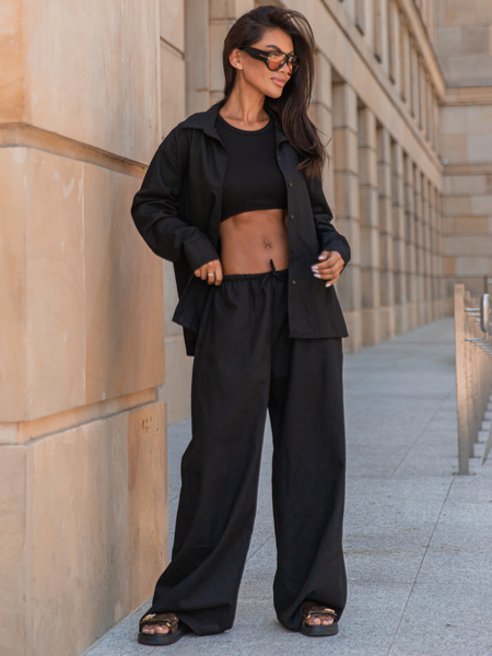 Lniana oversizowa dłuższa KOSZULA czarna X250 k01