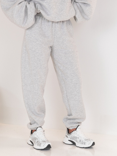 Dresowe bawełniane SPODNIE z wysokim stanem luźny krój ze ściągaczami szary melanż E341