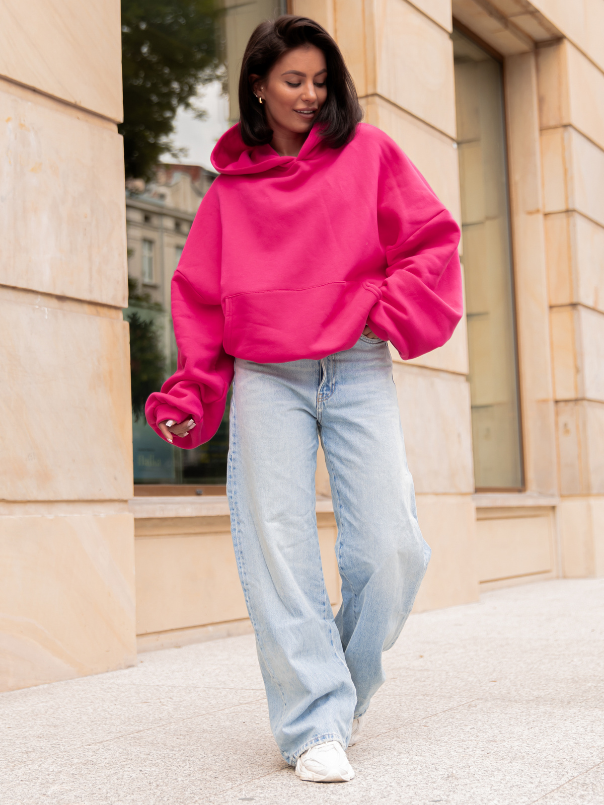 Viralowa Dresowa bawełniana BLUZA z kapturem oversize szeroka różowa E644